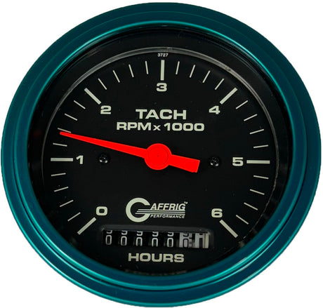 GAFFRIG 3 3/8 INCH ELECTRIC TACH/HOUR METER 0-6000, 8000, & 10000 RPM GAUGE BLACK STEP RIM (008) / TEAL / 6000 RPM