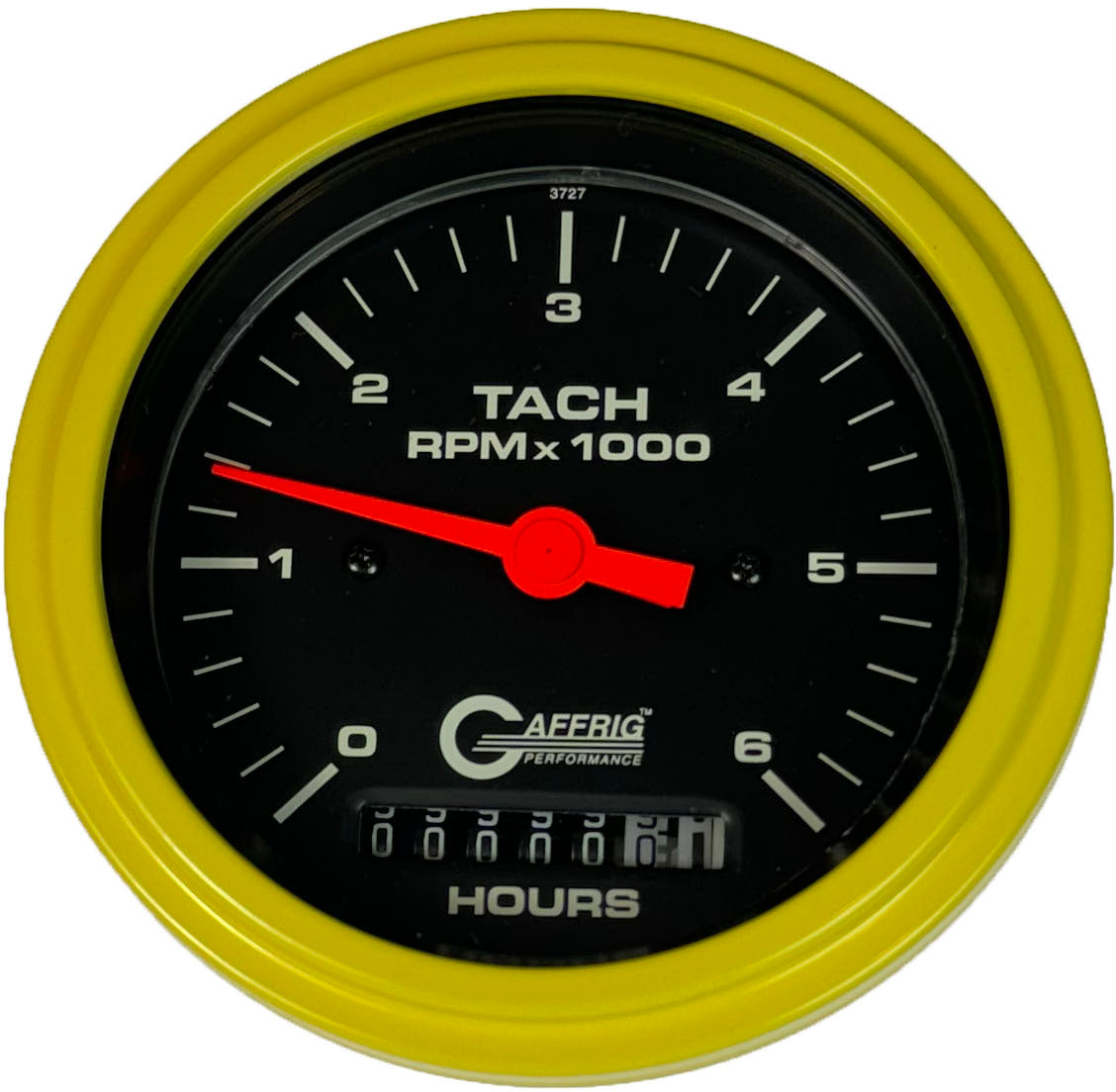 GAFFRIG 3 3/8 INCH ELECTRIC TACH/HOUR METER 0-6000, 8000, & 10000 RPM GAUGE BLACK STEP RIM (008) / YELLOW / 6000 RPM