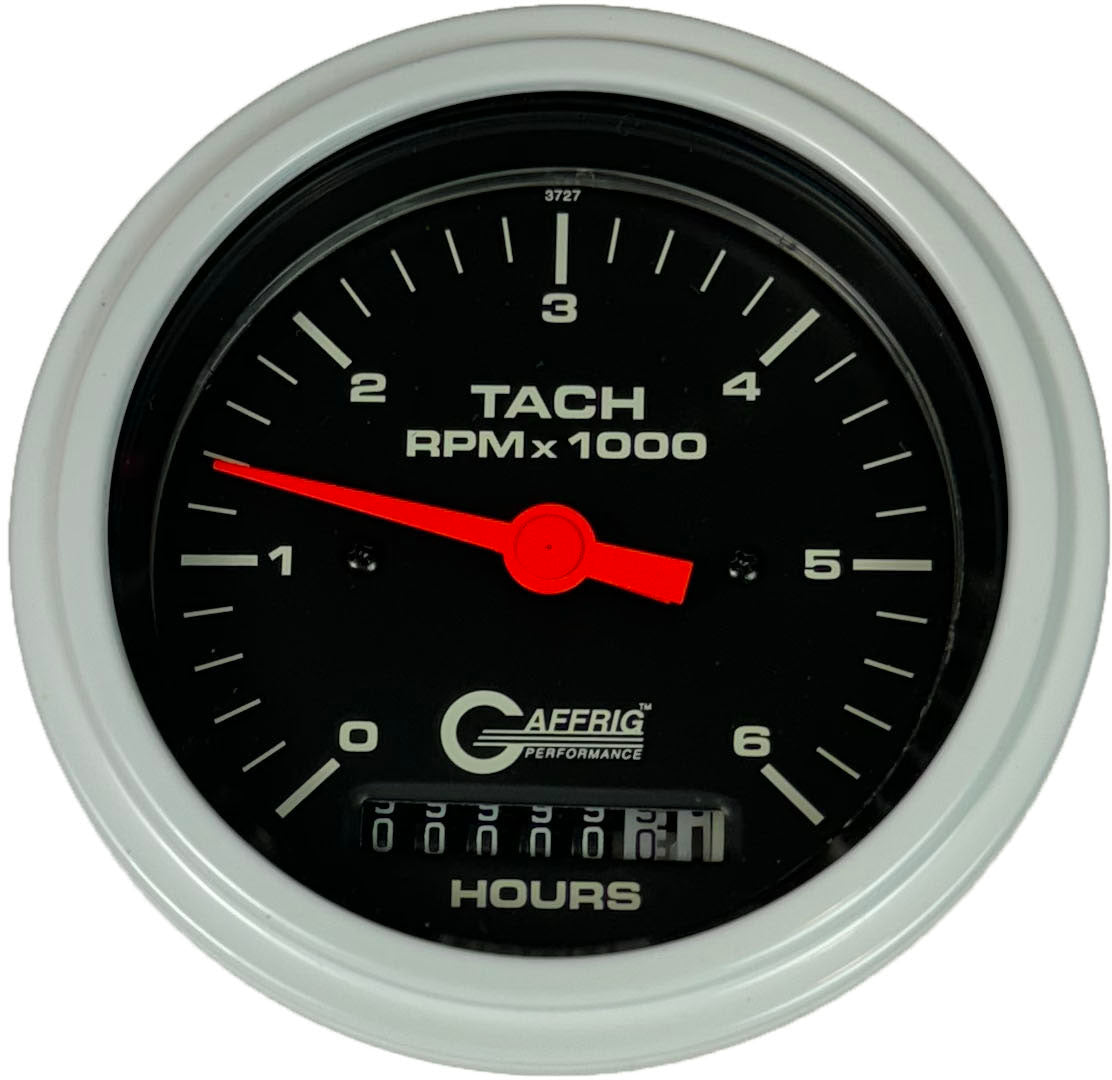 GAFFRIG 3 3/8 INCH ELECTRIC TACH/HOUR METER 0-6000, 8000, & 10000 RPM GAUGE BLACK STEP RIM (008) / WHITE / 6000 RPM