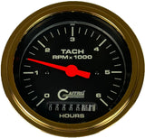 GAFFRIG 3 3/8 INCH ELECTRIC TACH/HOUR METER 0-6000, 8000, & 10000 RPM GAUGE BLACK STEP RIM (008) / GOLD / 6000 RPM