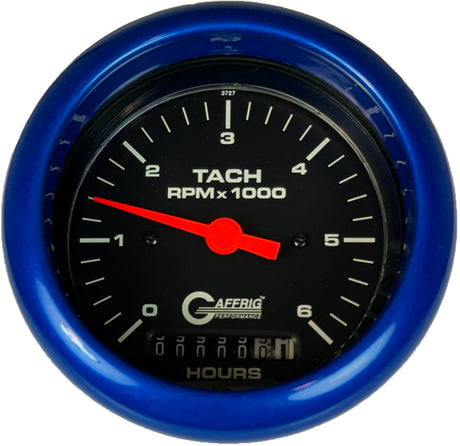 GAFFRIG 3 3/8 INCH ELECTRIC TACH/HOUR METER 0-6000, 8000, & 10000 RPM GAUGE BLACK FAT RIM (338) / BLUE / 6000 RPM