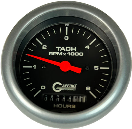 GAFFRIG 3 3/8 INCH ELECTRIC TACH/HOUR METER 0-6000, 8000, & 10000 RPM GAUGE BLACK FAT RIM (338) / PLATINUM / 6000 RPM