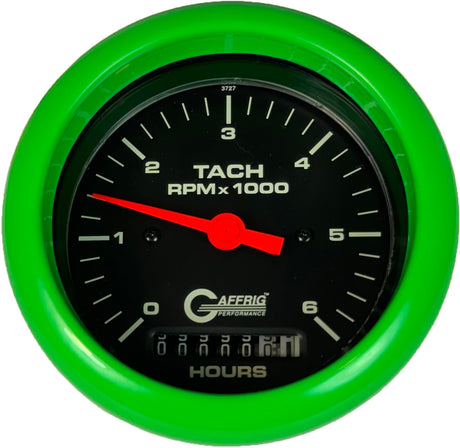 GAFFRIG 3 3/8 INCH ELECTRIC TACH/HOUR METER 0-6000, 8000, & 10000 RPM GAUGE BLACK FAT RIM (338) / LIME GREEN / 6000 RPM