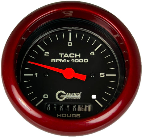 GAFFRIG 3 3/8 INCH ELECTRIC TACH/HOUR METER 0-6000, 8000, & 10000 RPM GAUGE BLACK FAT RIM (338) / RED / 6000 RPM