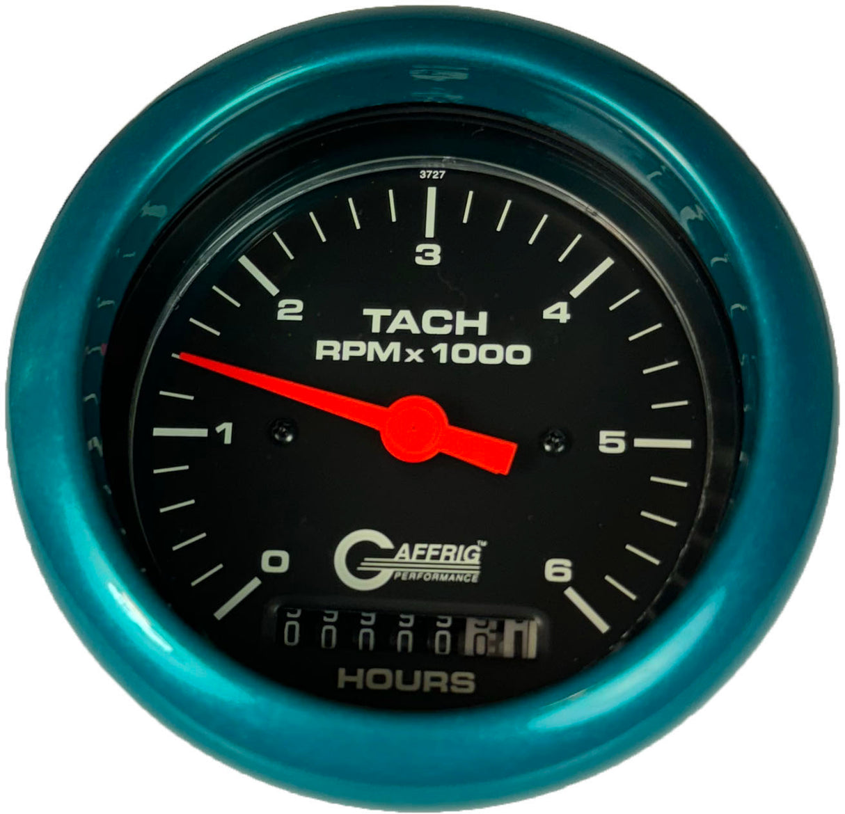 GAFFRIG 3 3/8 INCH ELECTRIC TACH/HOUR METER 0-6000, 8000, & 10000 RPM GAUGE BLACK FAT RIM (338) / TEAL / 6000 RPM