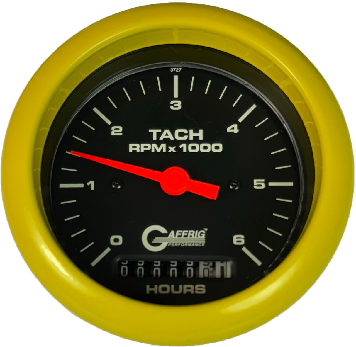 GAFFRIG 3 3/8 INCH ELECTRIC TACH/HOUR METER 0-6000, 8000, & 10000 RPM GAUGE BLACK FAT RIM (338) / YELLOW / 6000 RPM