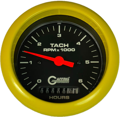 GAFFRIG 3 3/8 INCH ELECTRIC TACH/HOUR METER 0-6000, 8000, & 10000 RPM GAUGE BLACK FAT RIM (338) / YELLOW / 6000 RPM