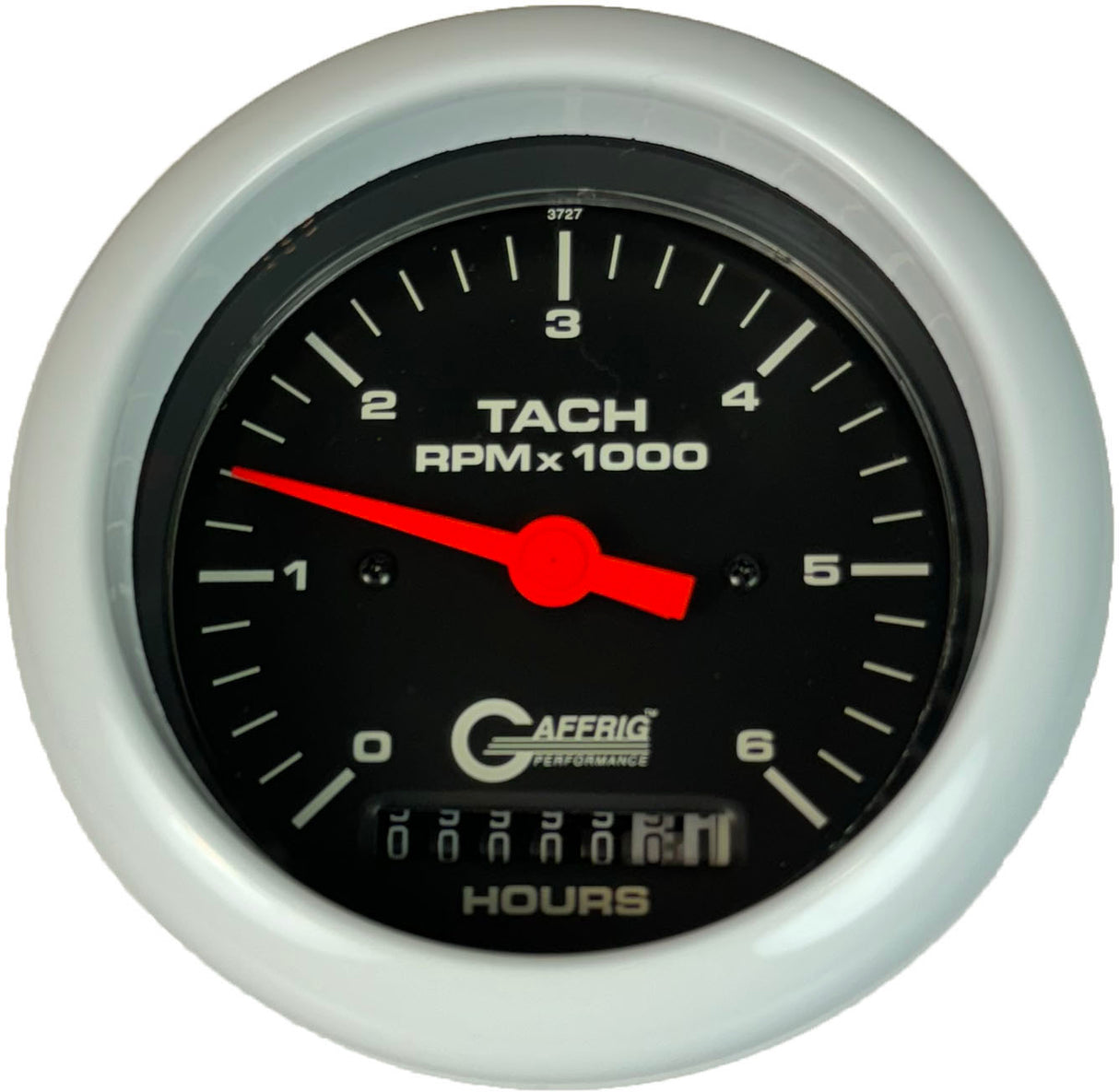 GAFFRIG 3 3/8 INCH ELECTRIC TACH/HOUR METER 0-6000, 8000, & 10000 RPM GAUGE BLACK FAT RIM (338) / WHITE / 6000 RPM