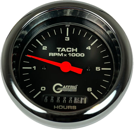 GAFFRIG 3 3/8 INCH ELECTRIC TACH/HOUR METER 0-6000, 8000, & 10000 RPM GAUGE BLACK FAT RIM (338) / CHROME/POLISHED / 6000 RPM