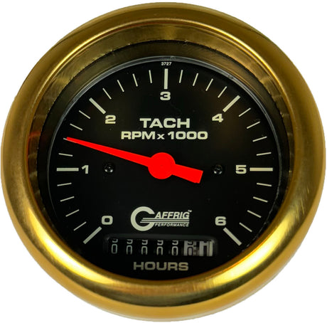 GAFFRIG 3 3/8 INCH ELECTRIC TACH/HOUR METER 0-6000, 8000, & 10000 RPM GAUGE BLACK FAT RIM (338) / GOLD / 6000 RPM