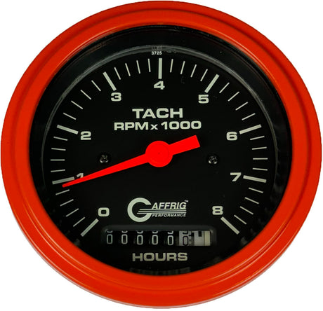 GAFFRIG 3 3/8 INCH ELECTRIC TACH/HOUR METER 0-6000, 8000, & 10000 RPM GAUGE BLACK STEP RIM (008) / ORANGE / 8000 RPM