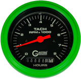 GAFFRIG 3 3/8 INCH ELECTRIC TACH/HOUR METER 0-6000, 8000, & 10000 RPM GAUGE BLACK STEP RIM (008) / LIME GREEN / 8000 RPM