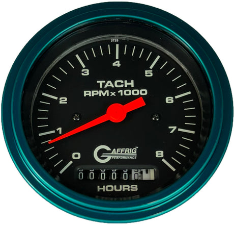 GAFFRIG 3 3/8 INCH ELECTRIC TACH/HOUR METER 0-6000, 8000, & 10000 RPM GAUGE BLACK STEP RIM (008) / TEAL / 8000 RPM