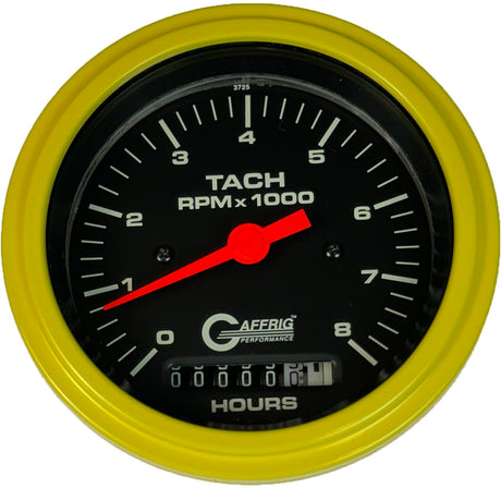 GAFFRIG 3 3/8 INCH ELECTRIC TACH/HOUR METER 0-6000, 8000, & 10000 RPM GAUGE BLACK STEP RIM (008) / YELLOW / 8000 RPM