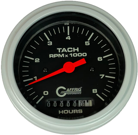 GAFFRIG 3 3/8 INCH ELECTRIC TACH/HOUR METER 0-6000, 8000, & 10000 RPM GAUGE BLACK STEP RIM (008) / WHITE / 8000 RPM