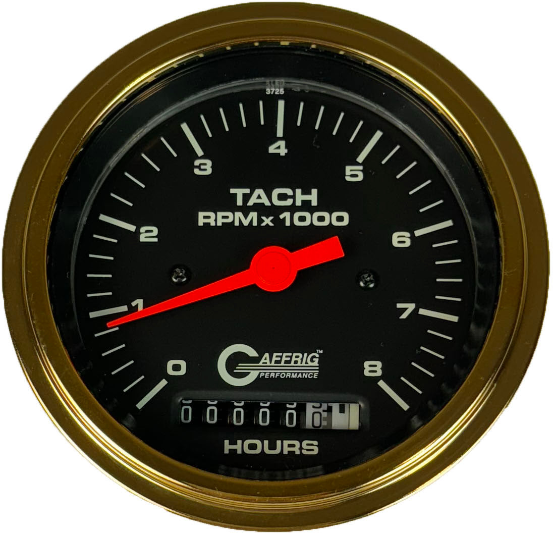 GAFFRIG 3 3/8 INCH ELECTRIC TACH/HOUR METER 0-6000, 8000, & 10000 RPM GAUGE BLACK STEP RIM (008) / GOLD / 8000 RPM