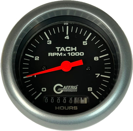 GAFFRIG 3 3/8 INCH ELECTRIC TACH/HOUR METER 0-6000, 8000, & 10000 RPM GAUGE BLACK FAT RIM (338) / PLATINUM / 8000 RPM