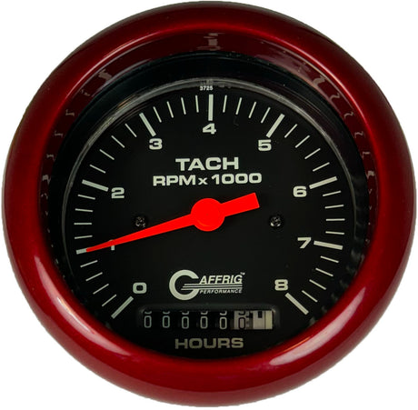 GAFFRIG 3 3/8 INCH ELECTRIC TACH/HOUR METER 0-6000, 8000, & 10000 RPM GAUGE BLACK FAT RIM (338) / RED / 8000 RPM