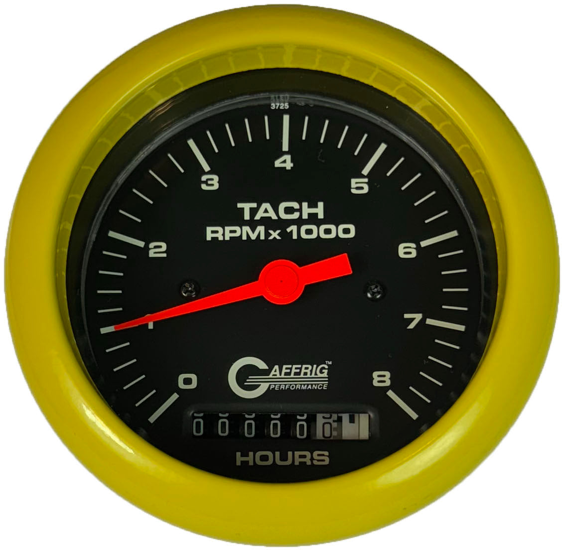 GAFFRIG 3 3/8 INCH ELECTRIC TACH/HOUR METER 0-6000, 8000, & 10000 RPM GAUGE BLACK FAT RIM (338) / YELLOW / 8000 RPM