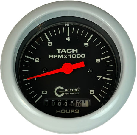 GAFFRIG 3 3/8 INCH ELECTRIC TACH/HOUR METER 0-6000, 8000, & 10000 RPM GAUGE BLACK FAT RIM (338) / WHITE / 8000 RPM