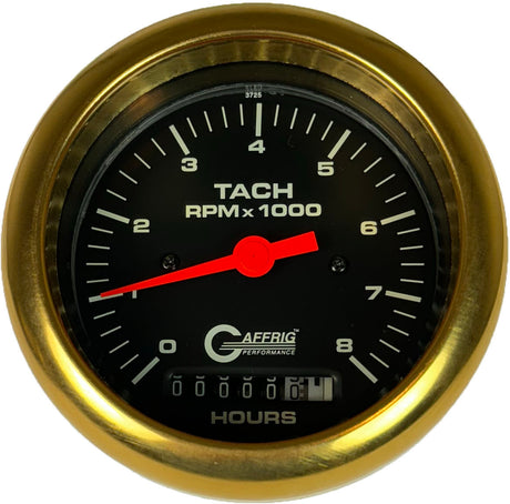 GAFFRIG 3 3/8 INCH ELECTRIC TACH/HOUR METER 0-6000, 8000, & 10000 RPM GAUGE BLACK FAT RIM (338) / GOLD / 8000 RPM