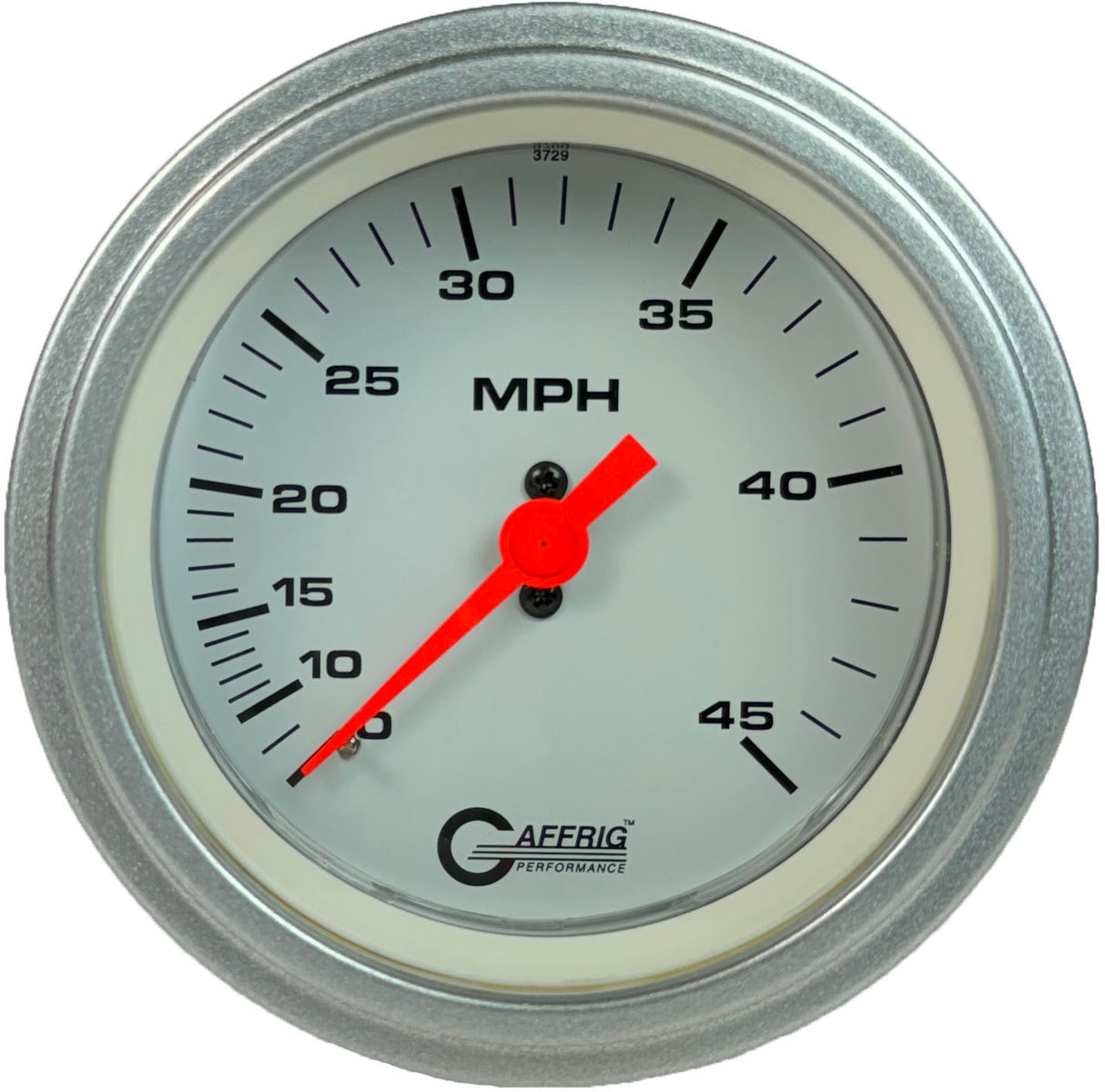 GAFFRIG 3 3/8 INCH MECHANICAL DRY SPEEDOMETER 45 MPH - HEAD ONLY STEP RIM (008) / PLATINUM / WHITE