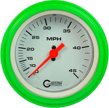 GAFFRIG 3 3/8 INCH MECHANICAL DRY SPEEDOMETER 45 MPH - HEAD ONLY STEP RIM (008) / LIME GREEN / WHITE