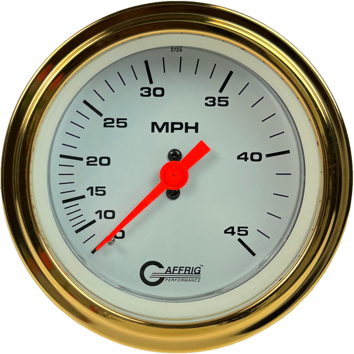 GAFFRIG 3 3/8 INCH MECHANICAL DRY SPEEDOMETER 45 MPH - HEAD ONLY STEP RIM (008) / GOLD / WHITE