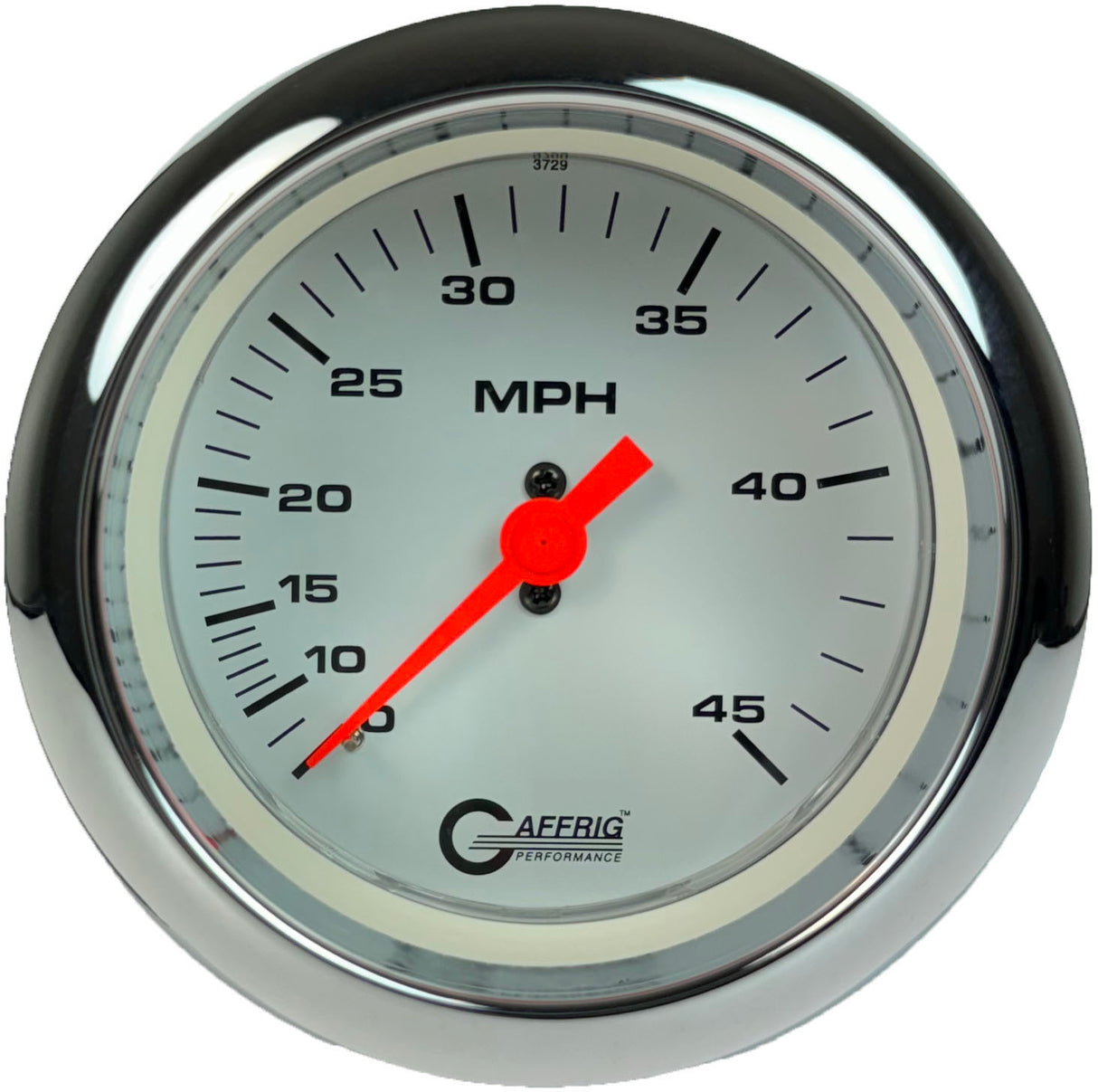 GAFFRIG 3 3/8 INCH MECHANICAL DRY SPEEDOMETER 45 MPH - HEAD ONLY FAT RIM (338) / PLATINUM / WHITE