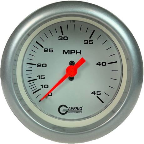 GAFFRIG 3 3/8 INCH MECHANICAL DRY SPEEDOMETER 45 MPH - HEAD ONLY FAT RIM (338) / PLATINUM / WHITE