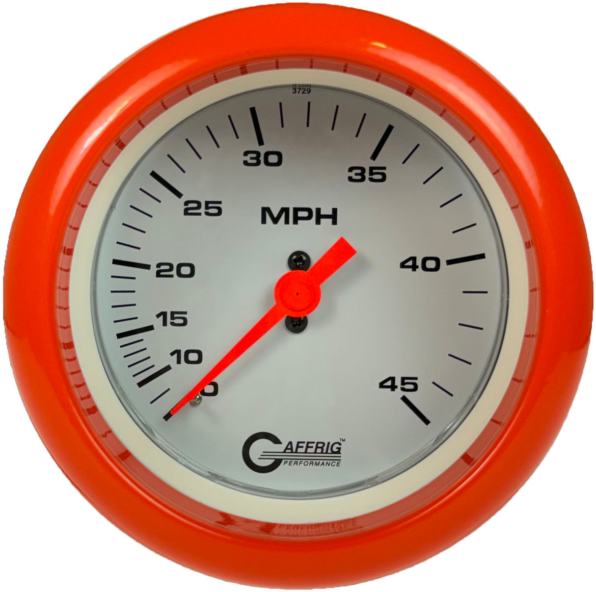 GAFFRIG 3 3/8 INCH MECHANICAL DRY SPEEDOMETER 45 MPH - HEAD ONLY FAT RIM (338) / ORANGE / WHITE