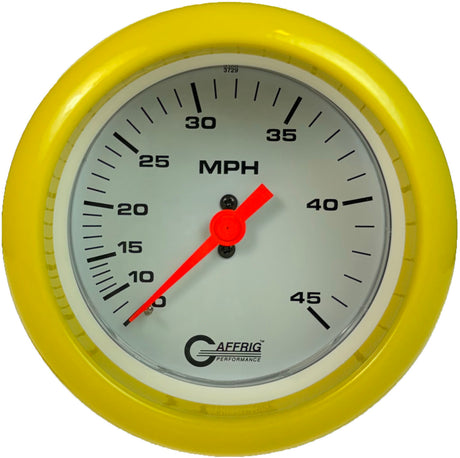 GAFFRIG 3 3/8 INCH MECHANICAL DRY SPEEDOMETER 45 MPH - HEAD ONLY FAT RIM (338) / YELLOW / WHITE