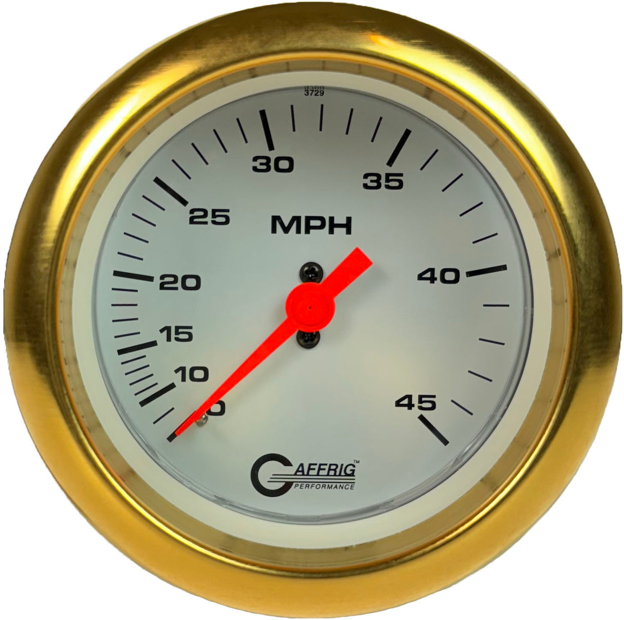 GAFFRIG 3 3/8 INCH MECHANICAL DRY SPEEDOMETER 45 MPH - HEAD ONLY FAT RIM (338) / GOLD / WHITE