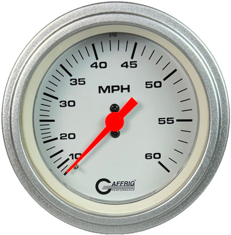 GAFFRIG 3 3/8 INCH MECHANICAL DRY SPEEDOMETER 60 MPH - HEAD ONLY STEP RIM (008) / PLATINUM / WHITE