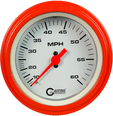 GAFFRIG 3 3/8 INCH MECHANICAL DRY SPEEDOMETER 60 MPH - HEAD ONLY STEP RIM (008) / ORANGE / WHITE