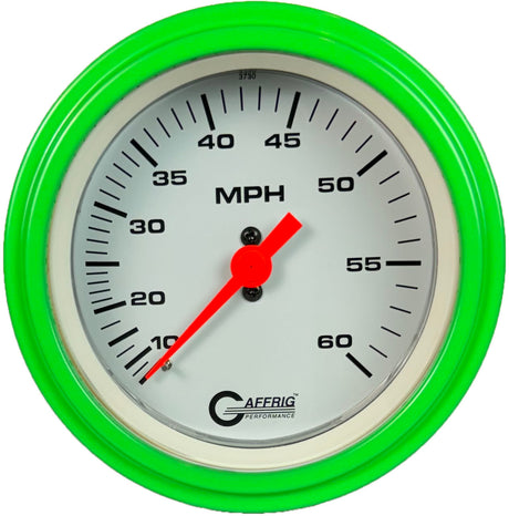 GAFFRIG 3 3/8 INCH MECHANICAL DRY SPEEDOMETER 60 MPH - HEAD ONLY STEP RIM (008) / LIME GREEN / WHITE