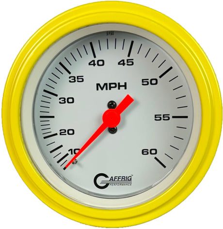 GAFFRIG 3 3/8 INCH MECHANICAL DRY SPEEDOMETER 60 MPH - HEAD ONLY STEP RIM (008) / YELLOW / WHITE