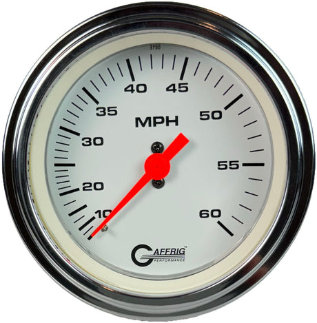 GAFFRIG 3 3/8 INCH MECHANICAL DRY SPEEDOMETER 60 MPH - HEAD ONLY STEP RIM (008) / POLISHED/CHROME / WHITE