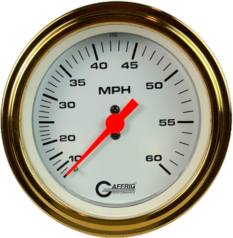 GAFFRIG 3 3/8 INCH MECHANICAL DRY SPEEDOMETER 60 MPH - HEAD ONLY STEP RIM (008) / GOLD / WHITE