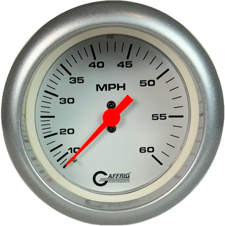 GAFFRIG 3 3/8 INCH MECHANICAL DRY SPEEDOMETER 60 MPH - HEAD ONLY FAT RIM (338) / PLATINUM / WHITE