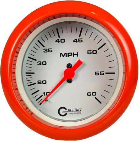 GAFFRIG 3 3/8 INCH MECHANICAL DRY SPEEDOMETER 60 MPH - HEAD ONLY FAT RIM (338) / ORANGE / WHITE