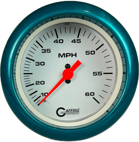 GAFFRIG 3 3/8 INCH MECHANICAL DRY SPEEDOMETER 60 MPH - HEAD ONLY FAT RIM (338) / TEAL / WHITE