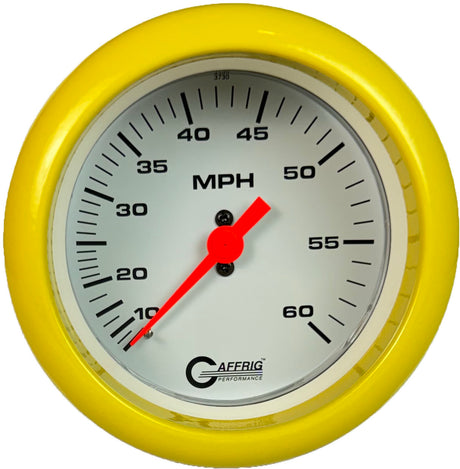 GAFFRIG 3 3/8 INCH MECHANICAL DRY SPEEDOMETER 60 MPH - HEAD ONLY FAT RIM (338) / YELLOW / WHITE