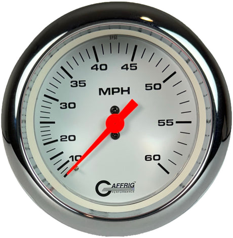 GAFFRIG 3 3/8 INCH MECHANICAL DRY SPEEDOMETER 60 MPH - HEAD ONLY FAT RIM (338) / POLISHED/CHROME / WHITE