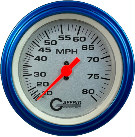 GAFFRIG 3 3/8 INCH MECHANICAL DRY SPEEDOMETER 80 MPH - HEAD ONLY PLATINUM / STEP RIM (008) / BLUE