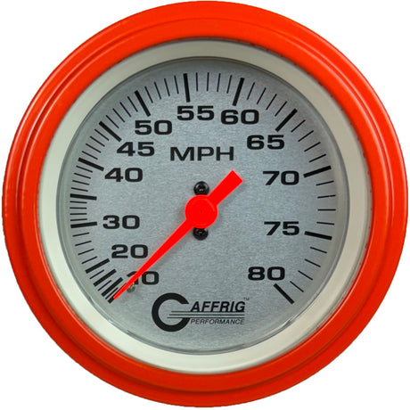 GAFFRIG 3 3/8 INCH MECHANICAL DRY SPEEDOMETER 80 MPH - HEAD ONLY PLATINUM / STEP RIM (008) / ORANGE