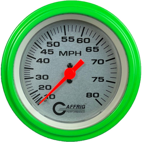 GAFFRIG 3 3/8 INCH MECHANICAL DRY SPEEDOMETER 80 MPH - HEAD ONLY PLATINUM / STEP RIM (008) / LIME GREEN