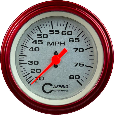 GAFFRIG 3 3/8 INCH MECHANICAL DRY SPEEDOMETER 80 MPH - HEAD ONLY PLATINUM / STEP RIM (008) / RED