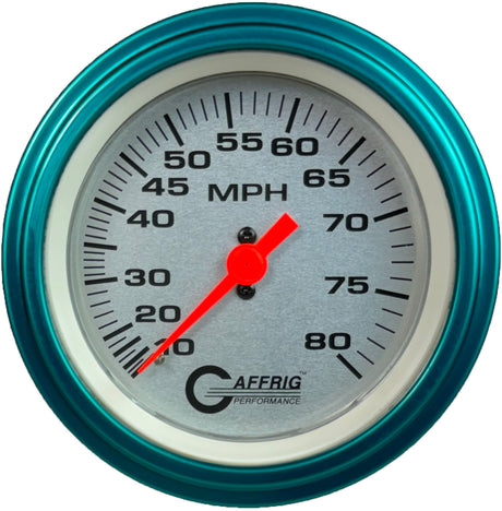 GAFFRIG 3 3/8 INCH MECHANICAL DRY SPEEDOMETER 80 MPH - HEAD ONLY PLATINUM / STEP RIM (008) / TEAL