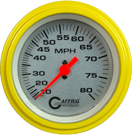 GAFFRIG 3 3/8 INCH MECHANICAL DRY SPEEDOMETER 80 MPH - HEAD ONLY PLATINUM / STEP RIM (008) / YELLOW